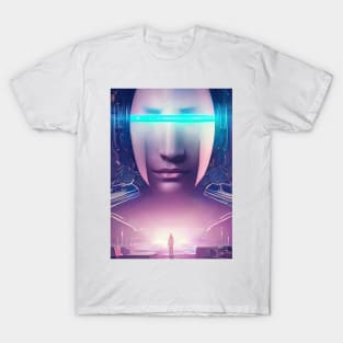 Girl face in futuristic cyberpunk style in neon colors T-Shirt